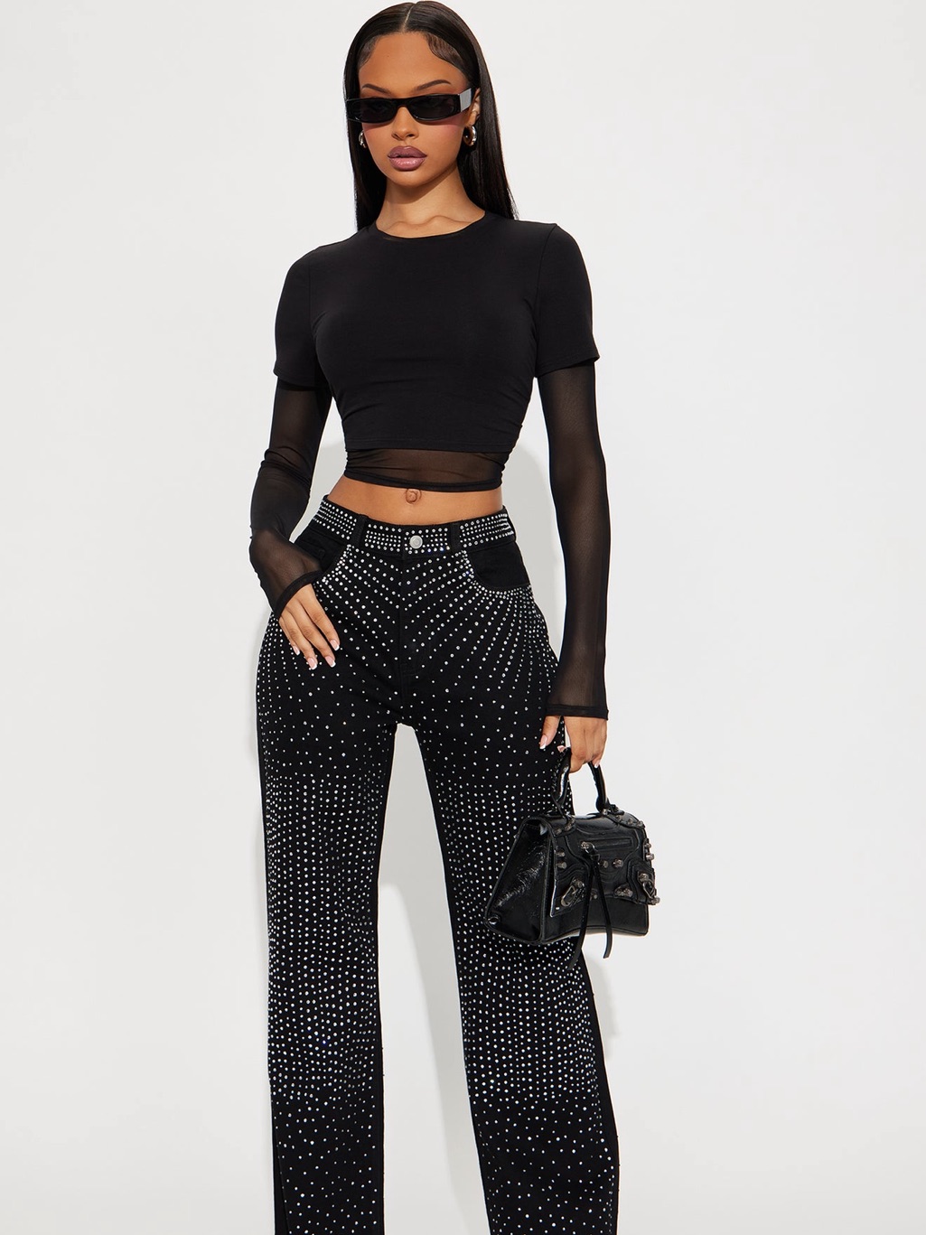 Black Studded Wide-Leg Pants With Sheer Long Sleeve Crop Top